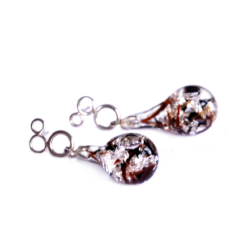 Glass drop earrings with silver leaf