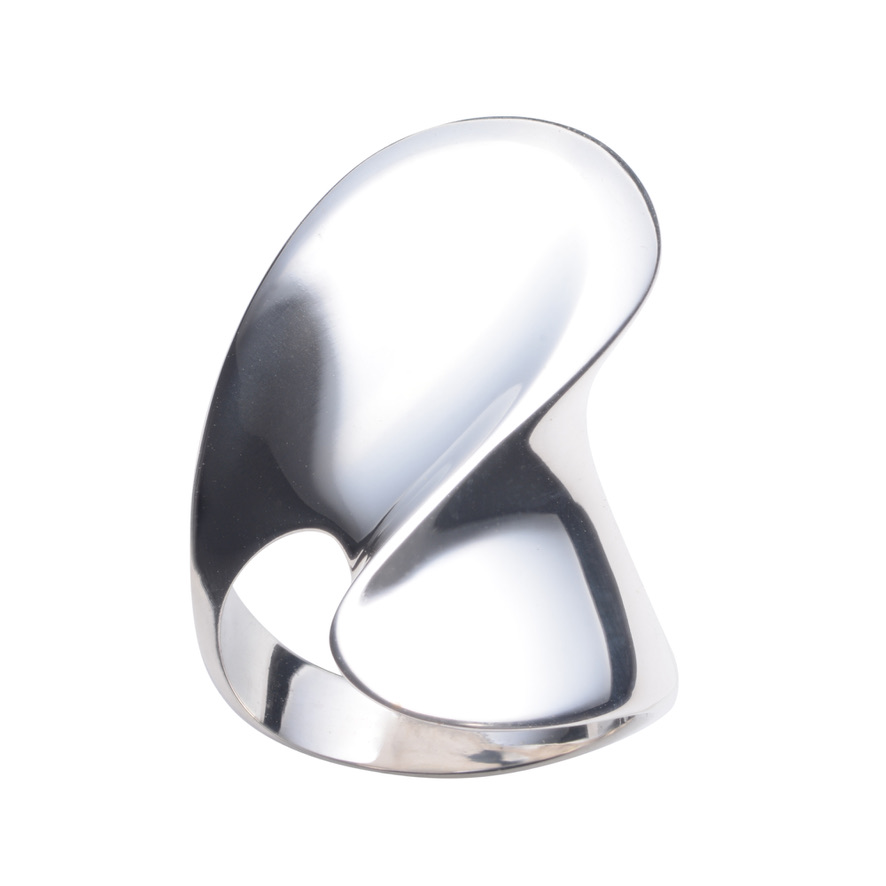 Sculptural polished silver ring with a sweeping curved top