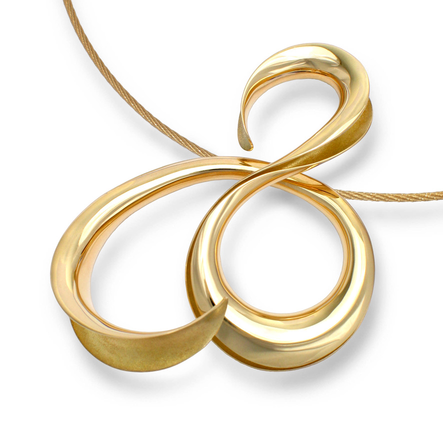 Gold pendant of flowing interlocking loops on a cable necklace