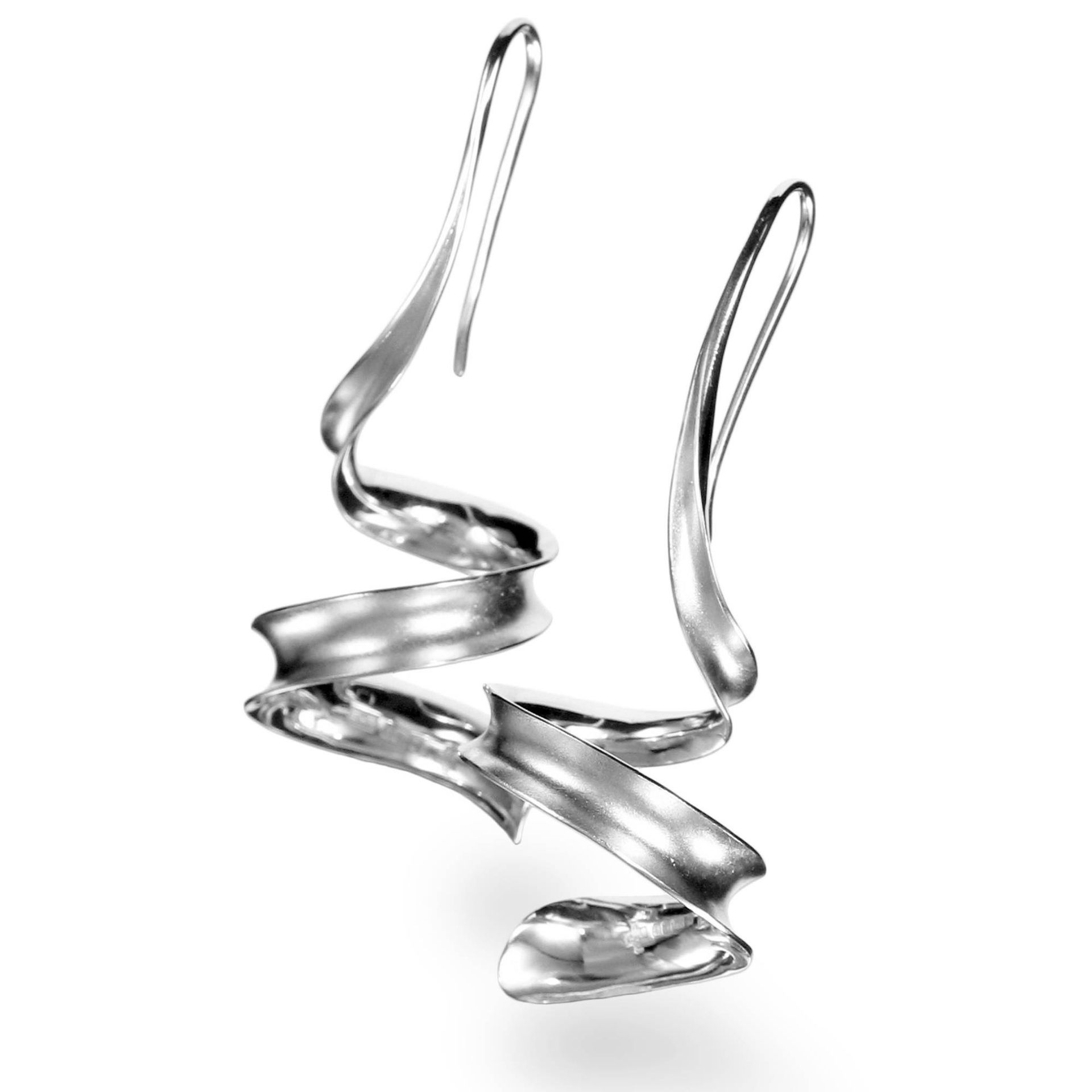Spiralling silver ribbon earrings on hooks